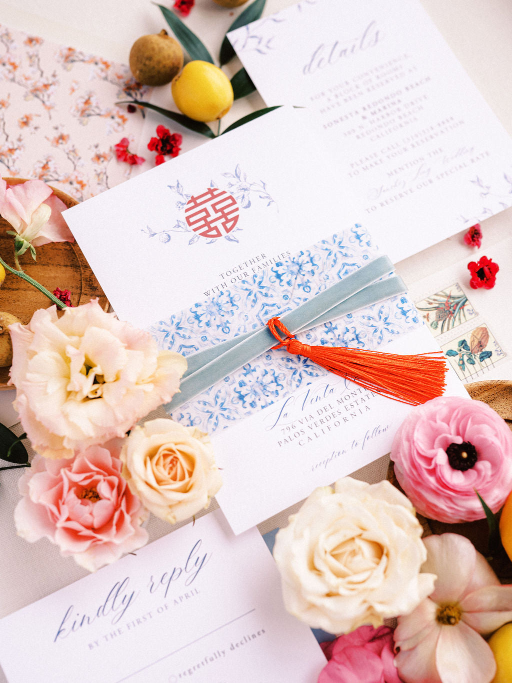 Blue Leaves Wedding Invitation and Signage Suite with Red Double Happiness - Canva Digital Template Bundle