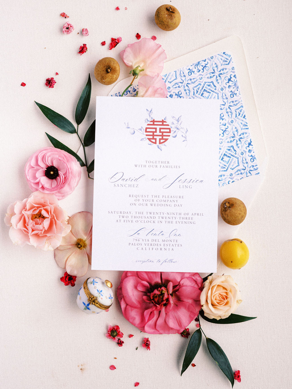 Blue Leaves Wedding Invitation and Signage Suite with Red Double Happiness - Canva Digital Template Bundle